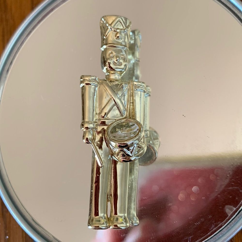 Gold tone Christmas soldier with drum brooch pin